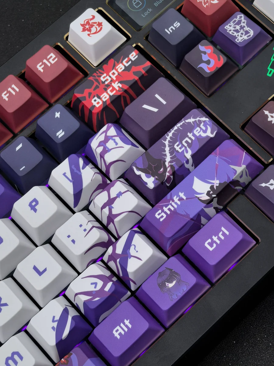 Acheron Keycaps Honkai Star Rail Cherry Profile set, meticulously detailed with exclusive dark elegant designs and sci-fi mystique, viewed from multiple angles.