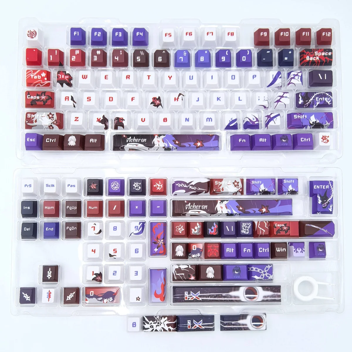 Premium Acheron Honkai Star Rail Cherry profile keycaps set, showcasing exclusive dark elegance and sci-fi aesthetics from multiple angles.