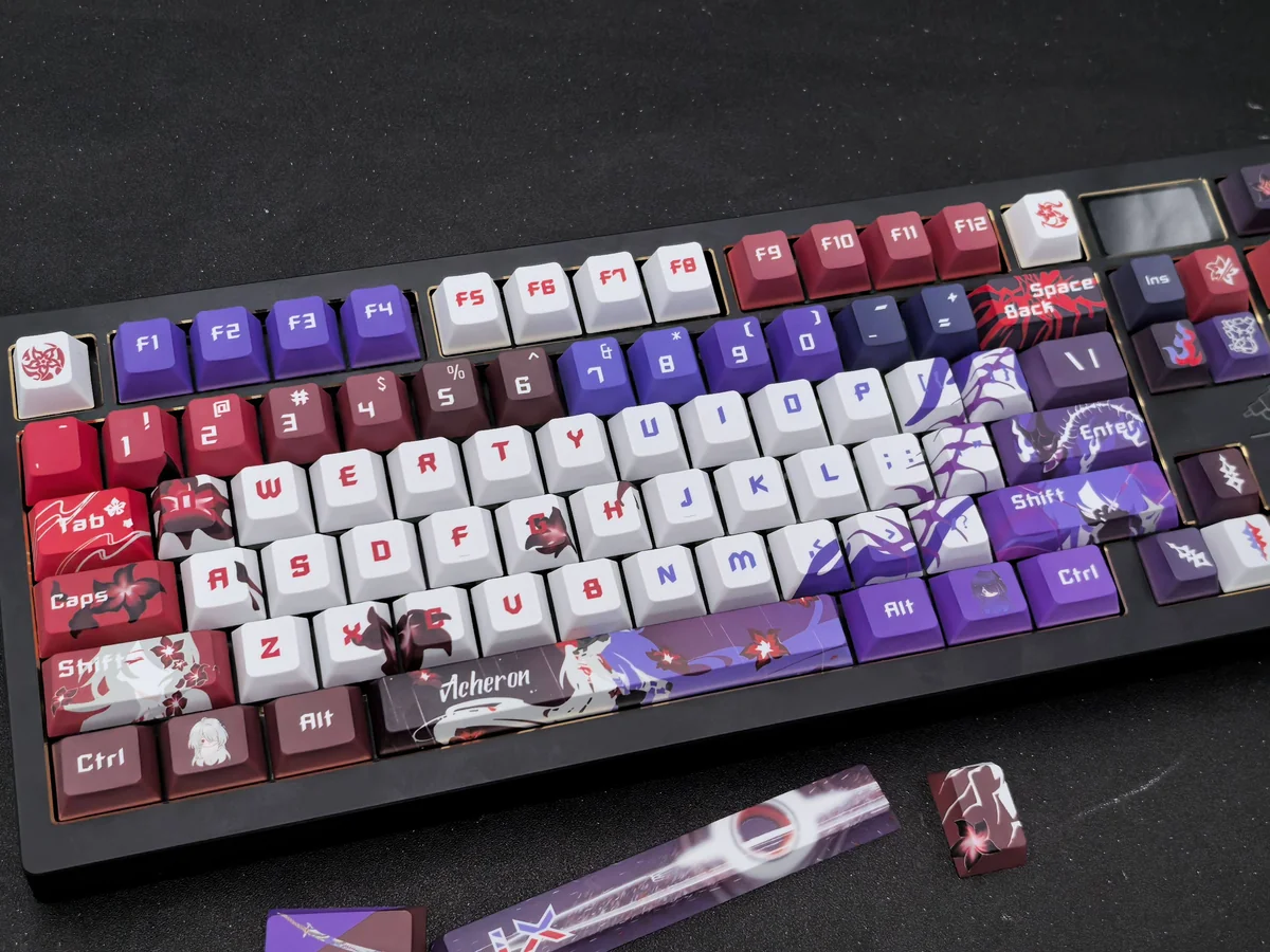 Premium Acheron Keycaps set for Honkai Star Rail fans, showcasing exclusive dark elegance and sci-fi mystique. Cherry profile set.