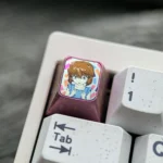 Premium Ai Haibara Titanium ESC Keycap gallery, showing vibrant anime art and metallic texture from various angles for mechanical keyboards.