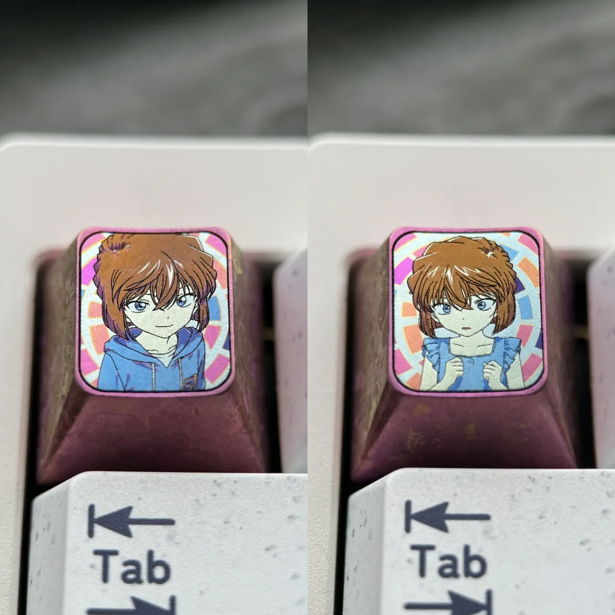 Vibrant Ai Haibara titanium ESC keycap for mechanical keyboards, showcasing premium craftsmanship and detailed anime art.