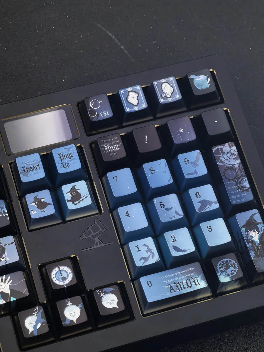 Multiple detailed views of the exclusive Amon Lord of Mysteries keycap set, highlighting its intricate dark fantasy and steampunk design.