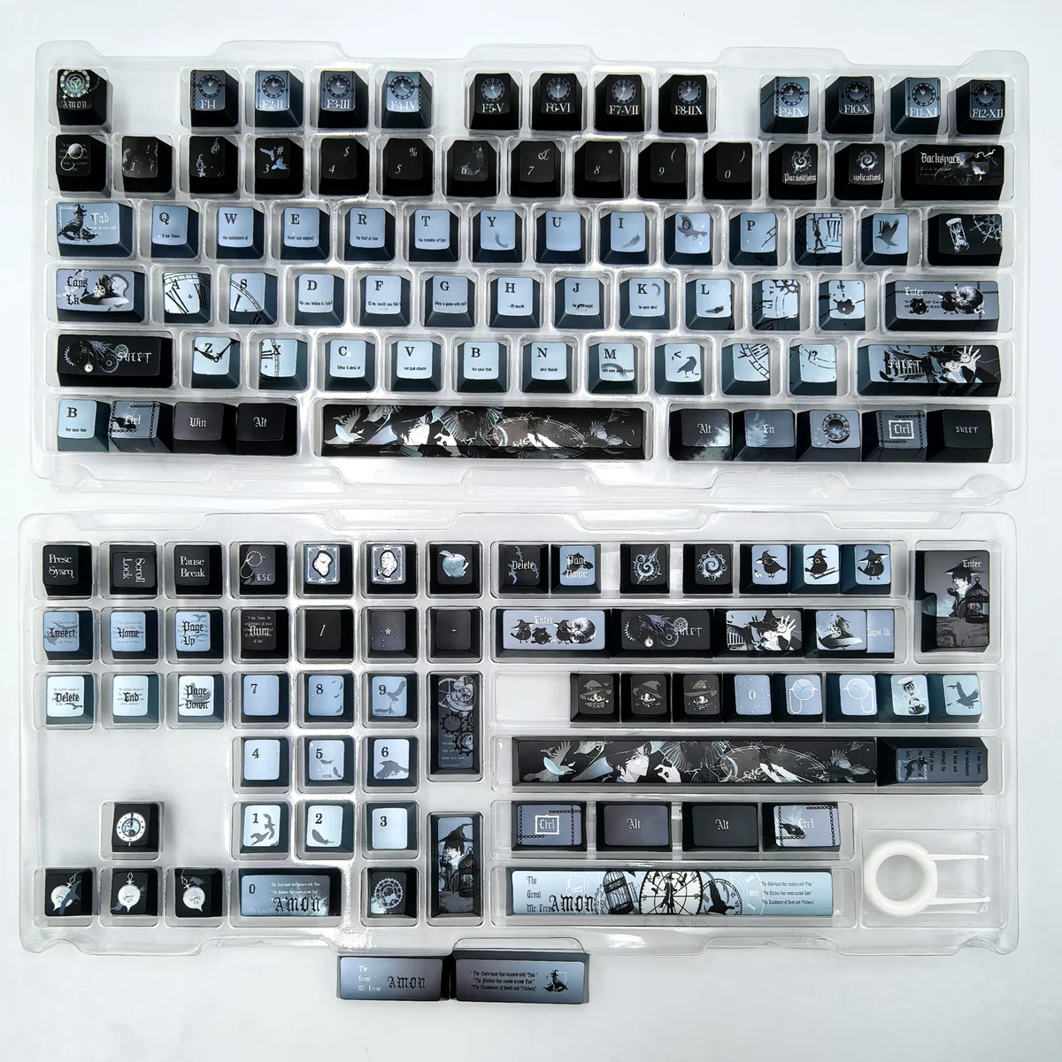 Multiple angles of the exclusive Amon Lord of Mysteries keycap set, showcasing its intricate steampunk-inspired dark fantasy design.