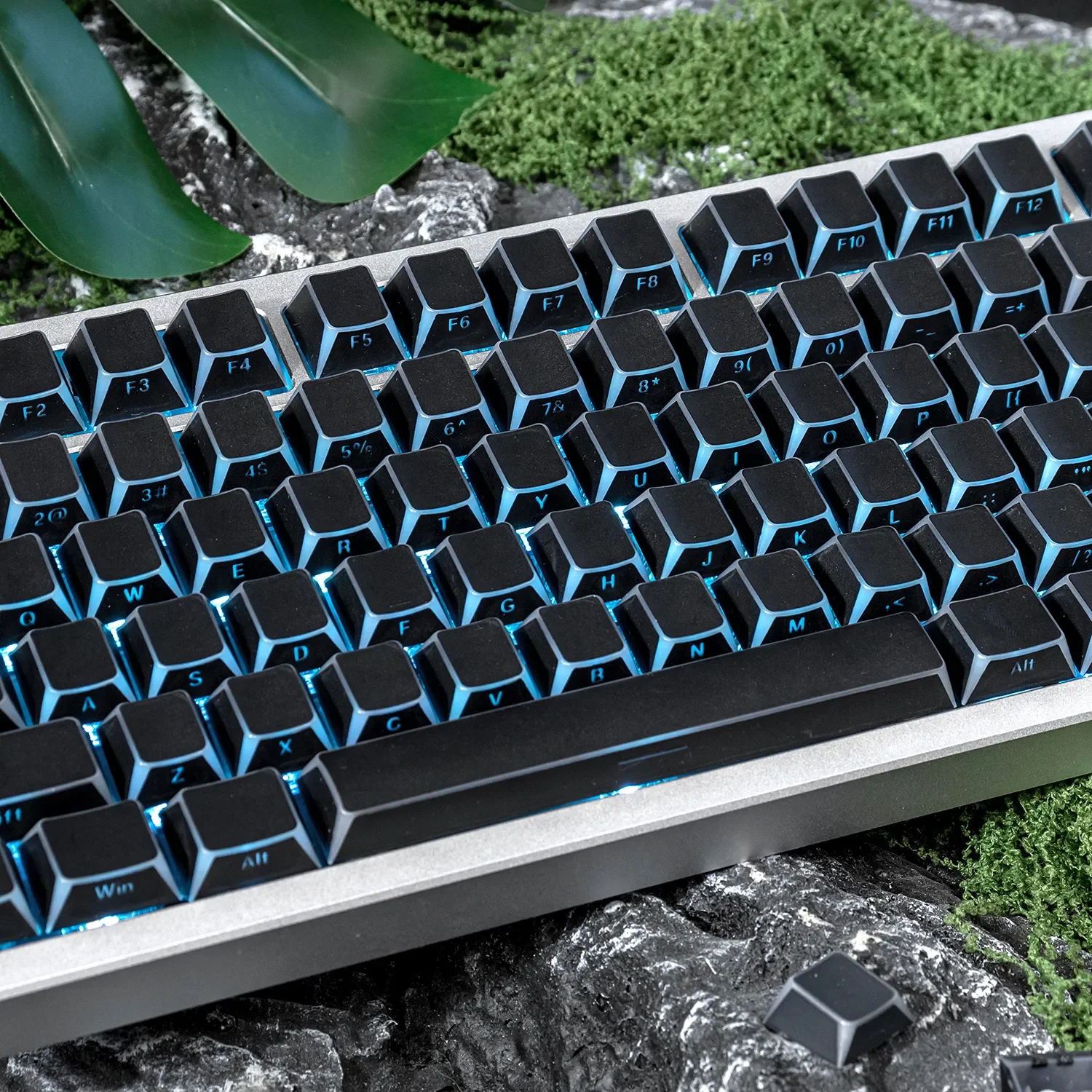 Gallery view of Angular Shadow Black Side-Print Keycaps Set, showcasing their premium PBT double-shot construction and subtle shine-through legends.