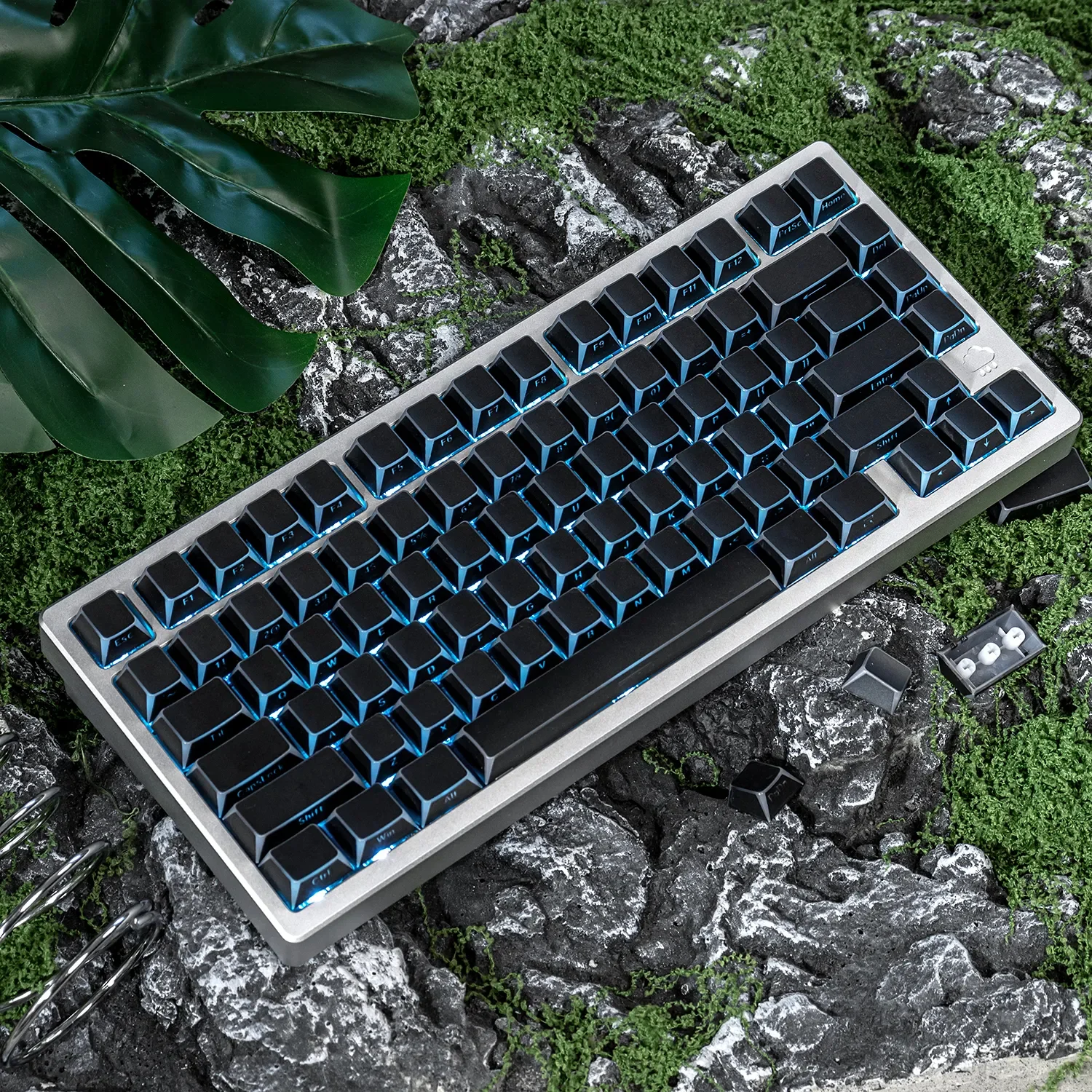 Premium Angular Shadow Black PBT double-shot Side-Print Keycaps Set, showcasing their sleek geometric design and brilliant shine-through legends.