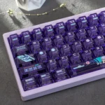 Dynamic anime battle princess gaming keycap set gallery showcases vibrant dye-sub PC warrior, silver hair, and frosted finish from multiple angles.