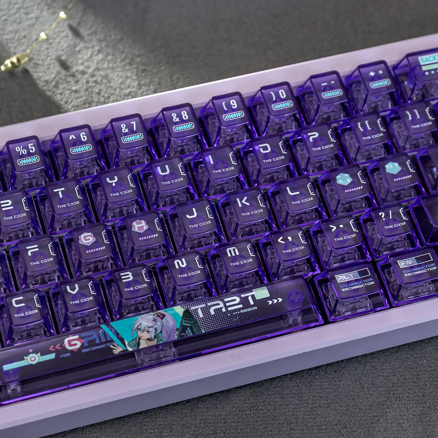 Vibrant Anime Battle Princess Gaming Keycap Set gallery, highlighting the silver-haired shoujos dynamic dye-sublimated art and frosted PC.