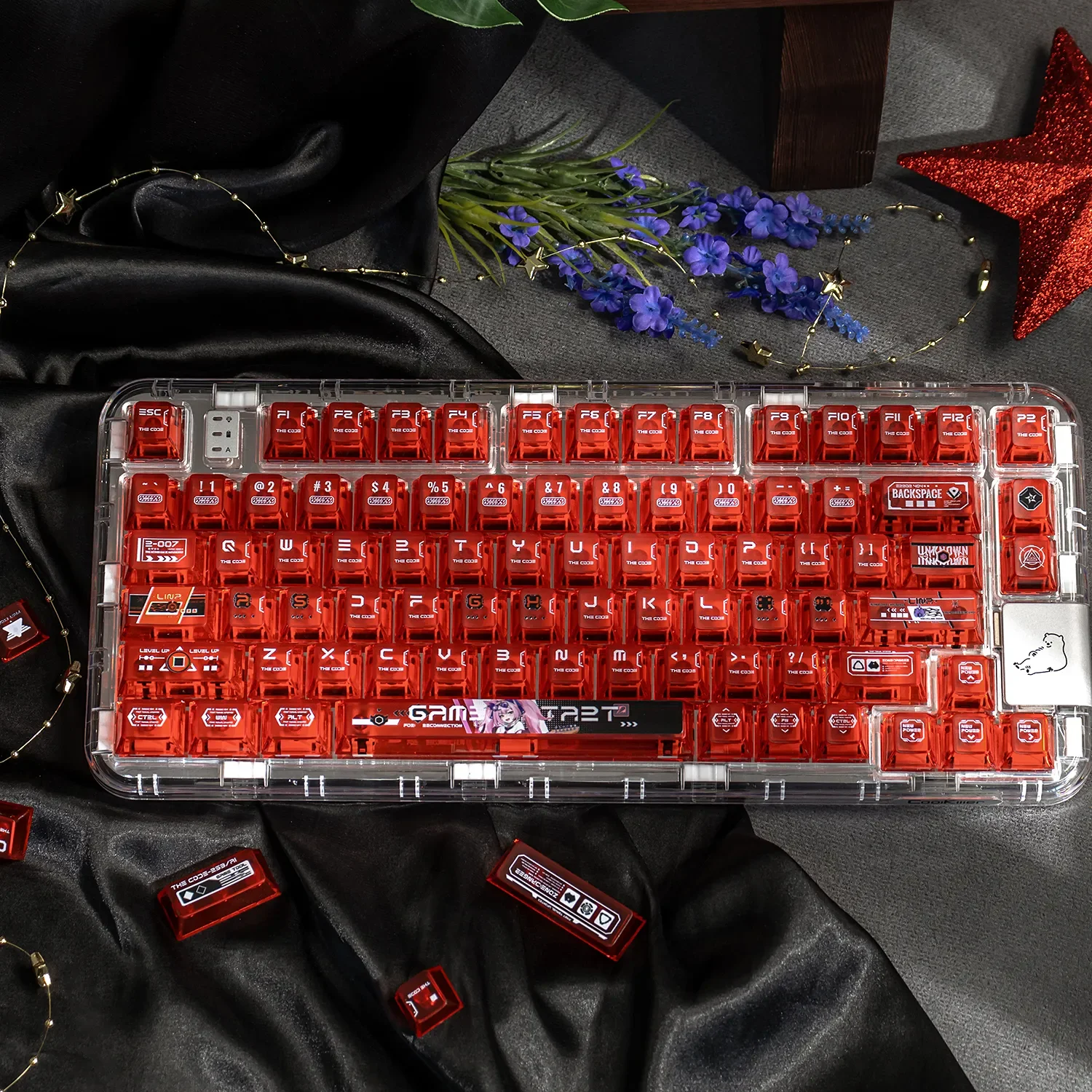 Dynamic Anime Battle Princess Gaming Keycap Set gallery. Multiple angles showcase the vibrant dye-sub PC shoujo design and translucent frosted finish.