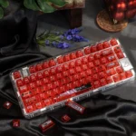 Vibrant anime battle princess custom PC keycap set from various angles, featuring a silver-haired shoujo and translucent frosted finish.