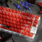 Dynamic silver-haired anime battle princess keycap set with vibrant dye-sub PC, showcasing its translucent frosted finish and premium details.