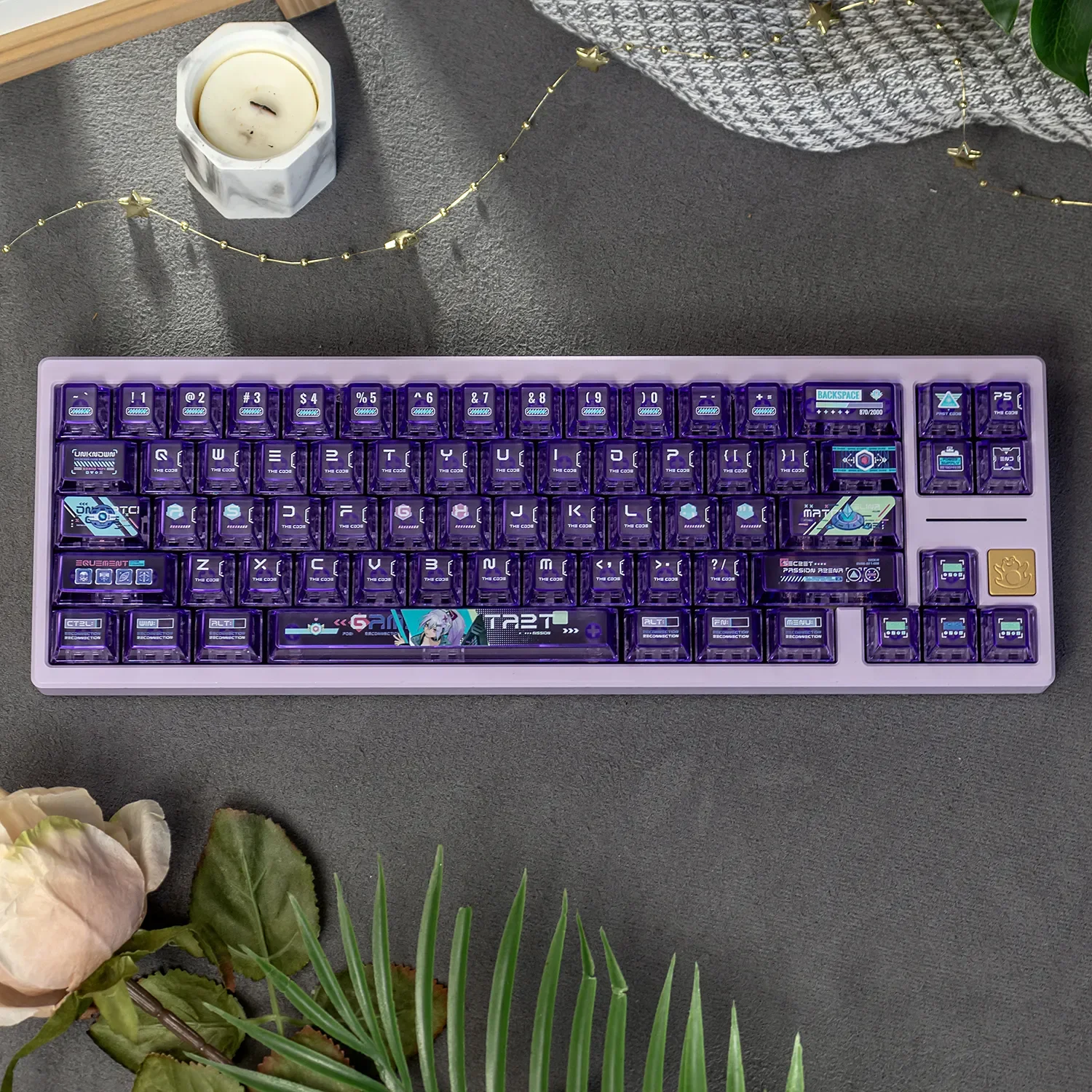Dynamic gallery views of the Anime Keycap Set, highlighting the vibrant dye-sub PC silver-haired battle princess with a translucent frosted finish.