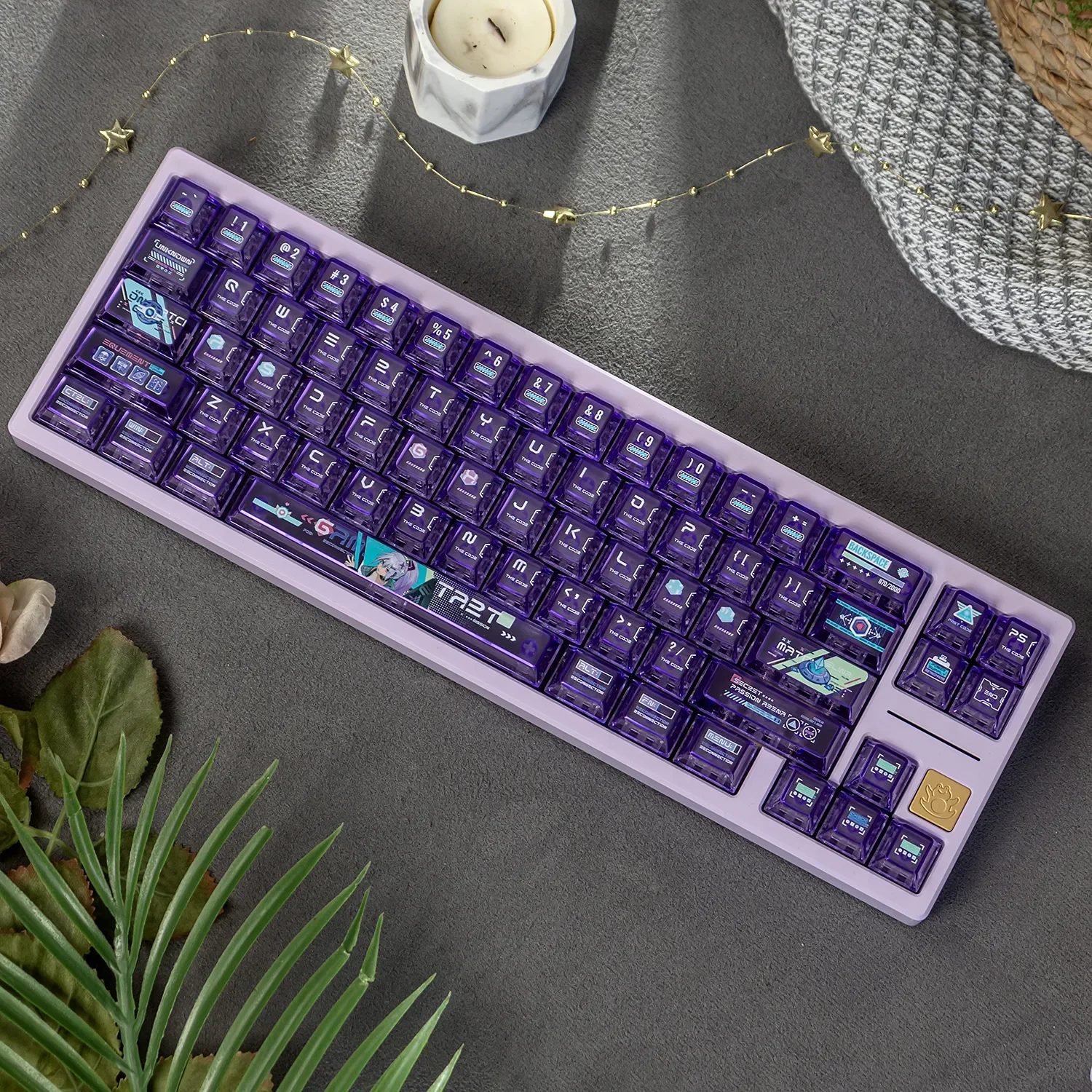 Dynamic anime battle princess PC keycap set showcasing vibrant dye-sublimated silver-haired shoujo design and translucent frosted finish.