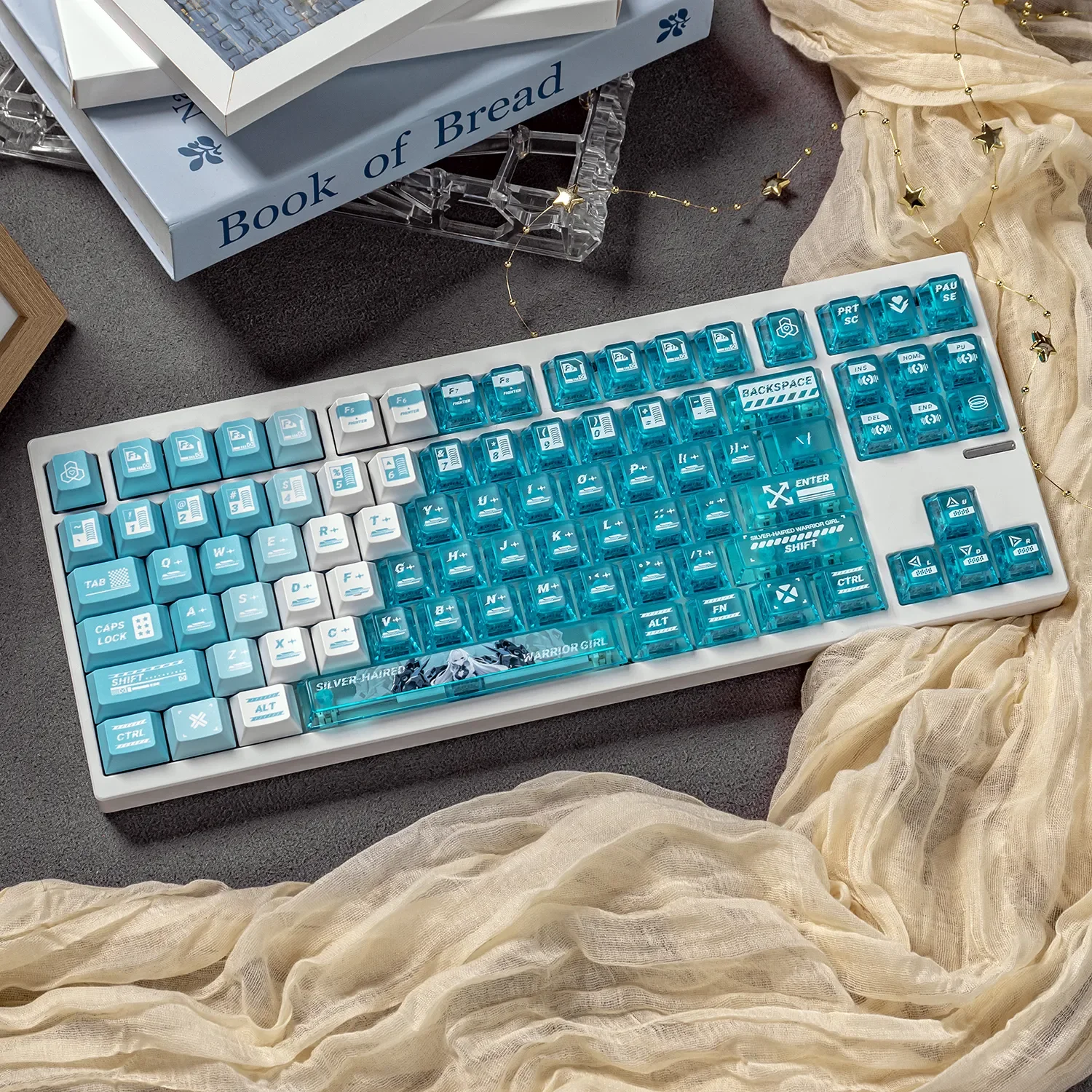 Stunning lake blue anime warrior artisan keycap set for custom keyboards, featuring a heroic battle maiden design with frosted PC accents. Elevate yours now.