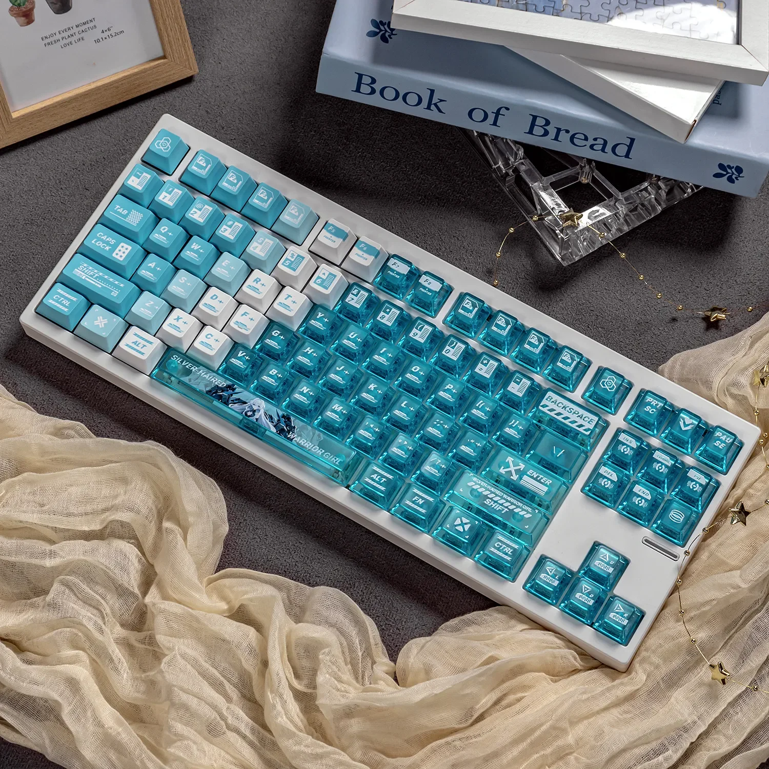 Stunning Lake Blue Anime Warrior Artisan Keycap Set gallery views, highlighting intricate battle maiden details, frosted PC accents, and heroic fantasy deisgn.