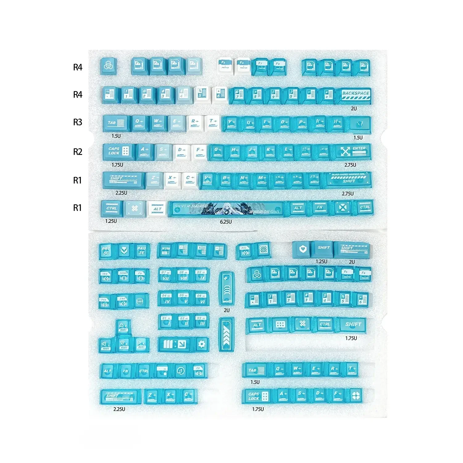 Captivating gallery views of the stunning lake blue anime warrior artisan keycap set, highlighting its intricate battle maiden design and heroic fantasy design.