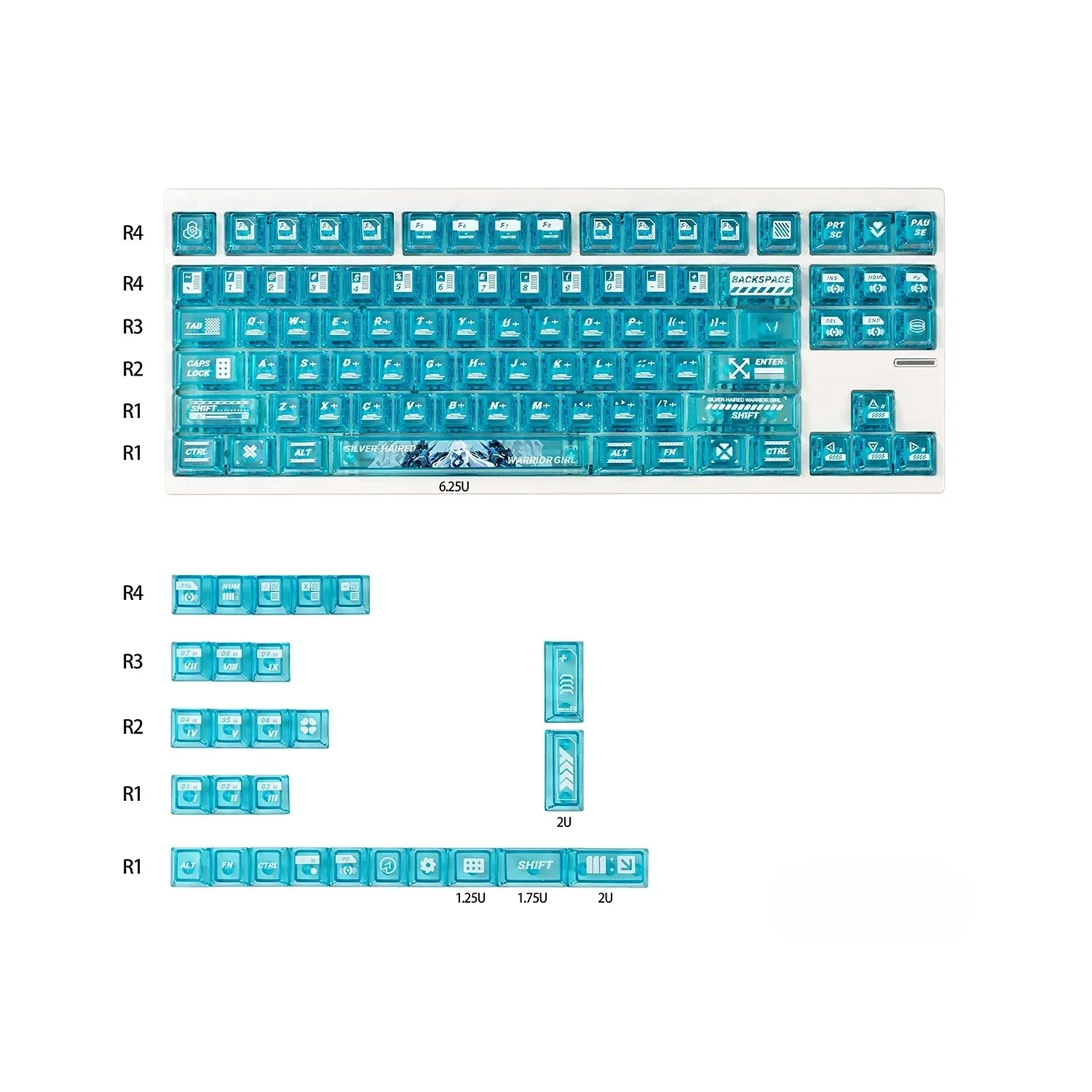 Stunning lake blue anime warrior artisan keycap set gallery, showcasing the heroic battle maiden design and frosted PC accents for custom keyboards.