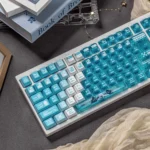 Multiple views of the stunning Lake Blue Anime Warrior Artisan Keycap Set, showcasing the heroic battle maidens artistic details and frosted PC accents.