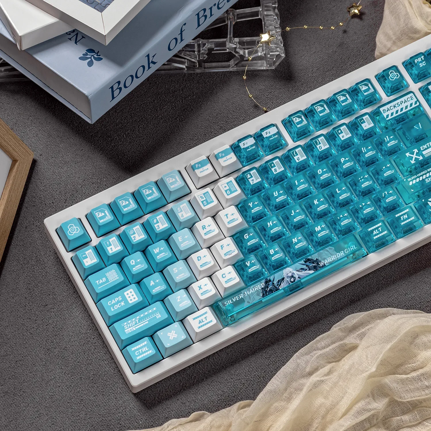 Multiple views of the stunning Lake Blue Anime Warrior Artisan Keycap Set, showcasing the heroic battle maidens artistic details and frosted PC accents.