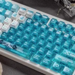 Stunning lake blue anime warrior artisan keycap set, showing intricate battle maiden, frosted PC details, heroic fantasy design for custom keyboards.