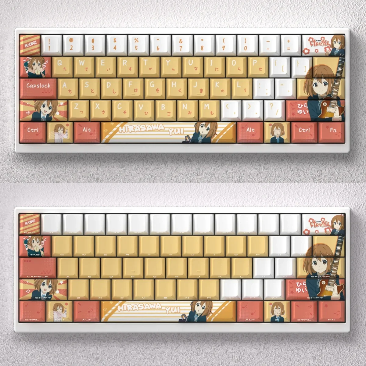Vibrant Hirasawa Yui K-On! PBT anime keycap set for custom mechanical keyboards, showcasing cute pastel character art with a playful aesthetic.