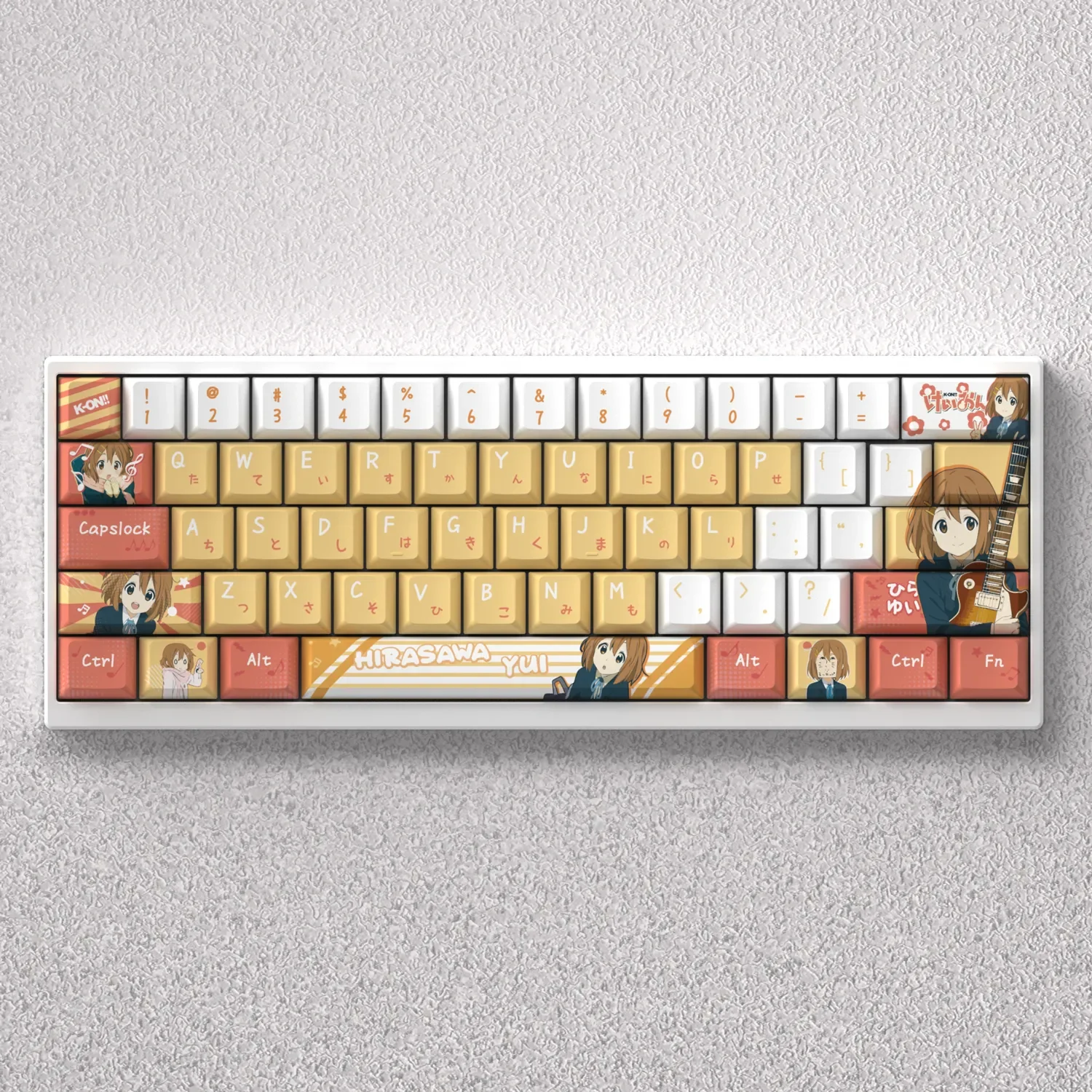 Vibrant Hirasawa Yui K-On! anime keycaps set gallery, featuring cute pastel character art on durable PBT, perfect for custom mechanical keyboards.