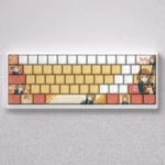 Gallery of vibrant Hirasawa Yui K-On! PBT anime keycaps set from various angles, showcasing cute character art, pastel colors, and playful designs.