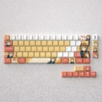 Vibrant Hirasawa Yui K-On! PBT anime keycaps set displayed, featuring cute character art and a pastel palette. Playful aesthetic for custom mechanical keyboard.