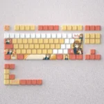 Vibrant Hirasawa Yui K-On! PBT anime keycaps set displayed on a custom mechanical keyboard, featuring cute pastel art and a playful aesthetic.