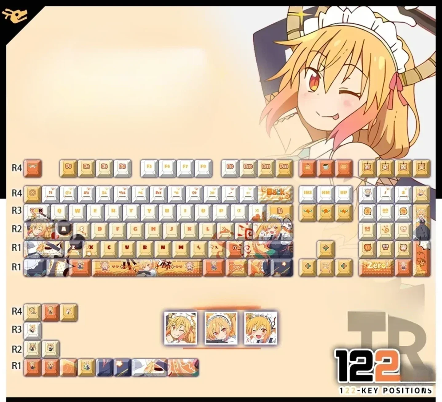 Charming Tohru Miss Kobayashis Dragon Maid PBT backlit anime keycaps set, featuring vibrant character art perfect for customizing your keyboard.