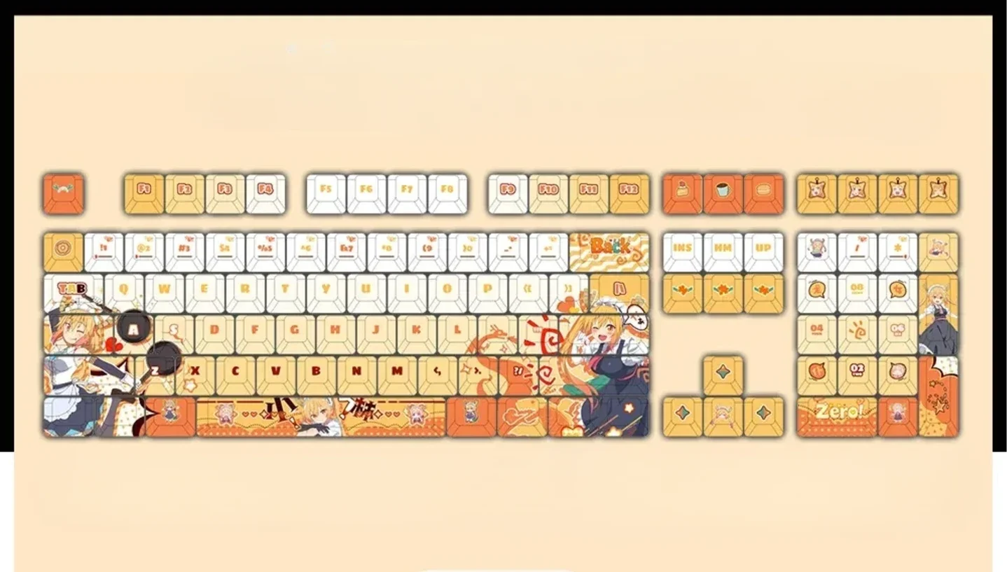 A delightful gallery showcases the exclusive Tohru PBT backlit anime keycaps set, revealing vibrant character art from every playful angle.