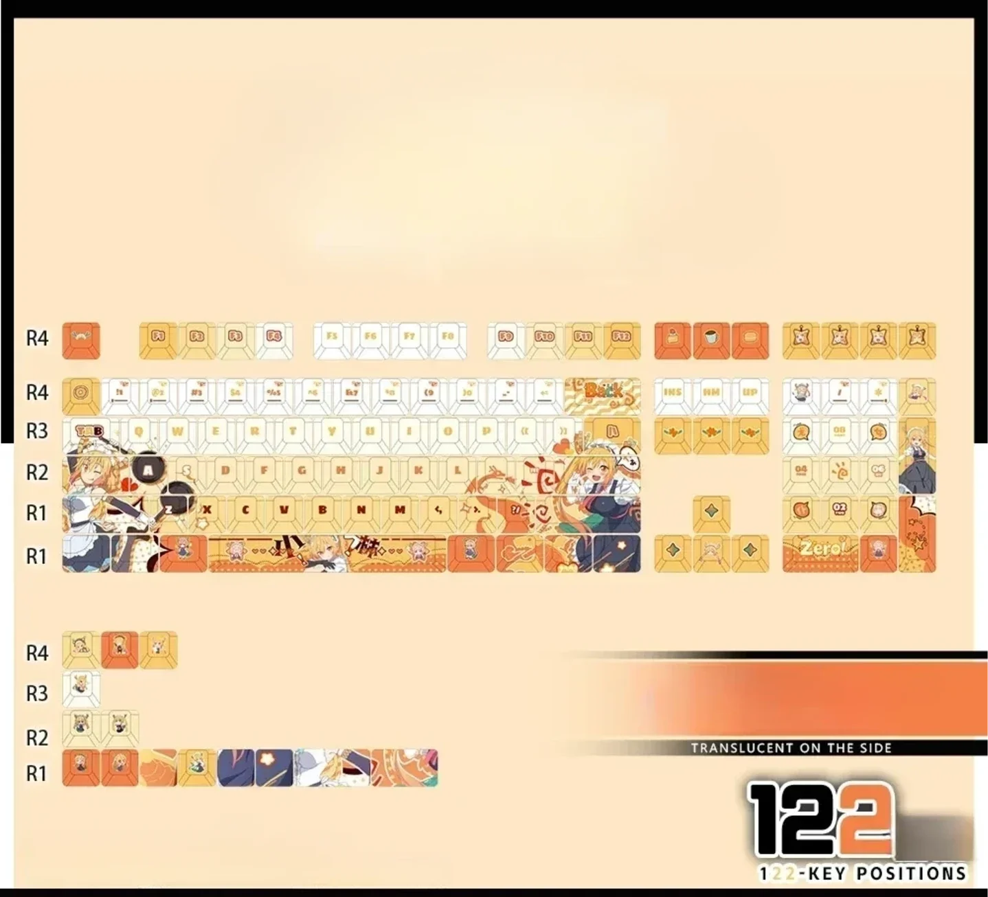 Exclusive Tohru Miss Kobayashis Dragon Maid PBT backlit anime keycaps set, vibrantly displayed with charming art and playful, vivid colors.