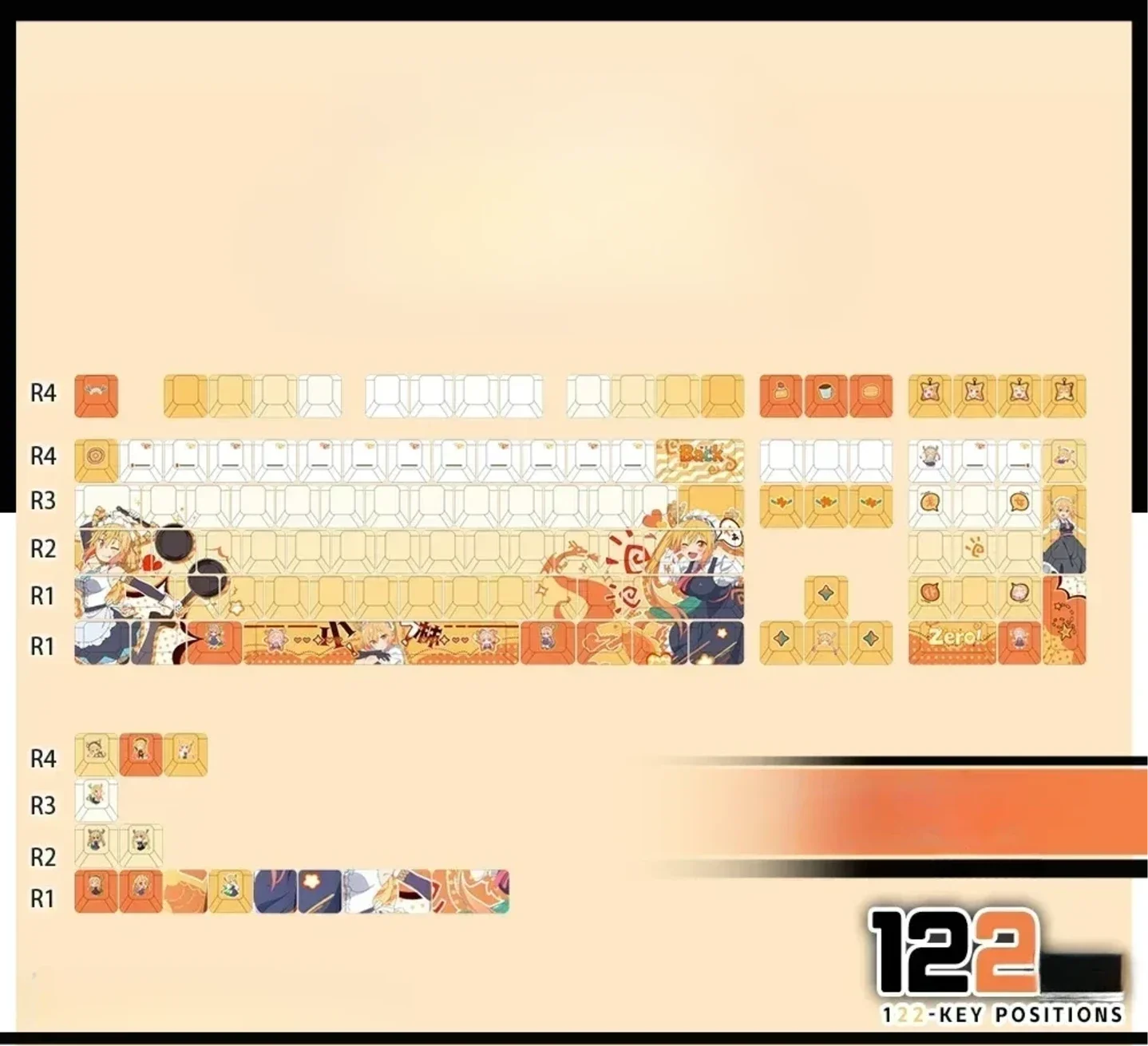 Charming Tohru Miss Kobayashis Dragon Maid anime keycaps set featuring vivid PBT backlit designs. An exclusive playful custom keyboard set.