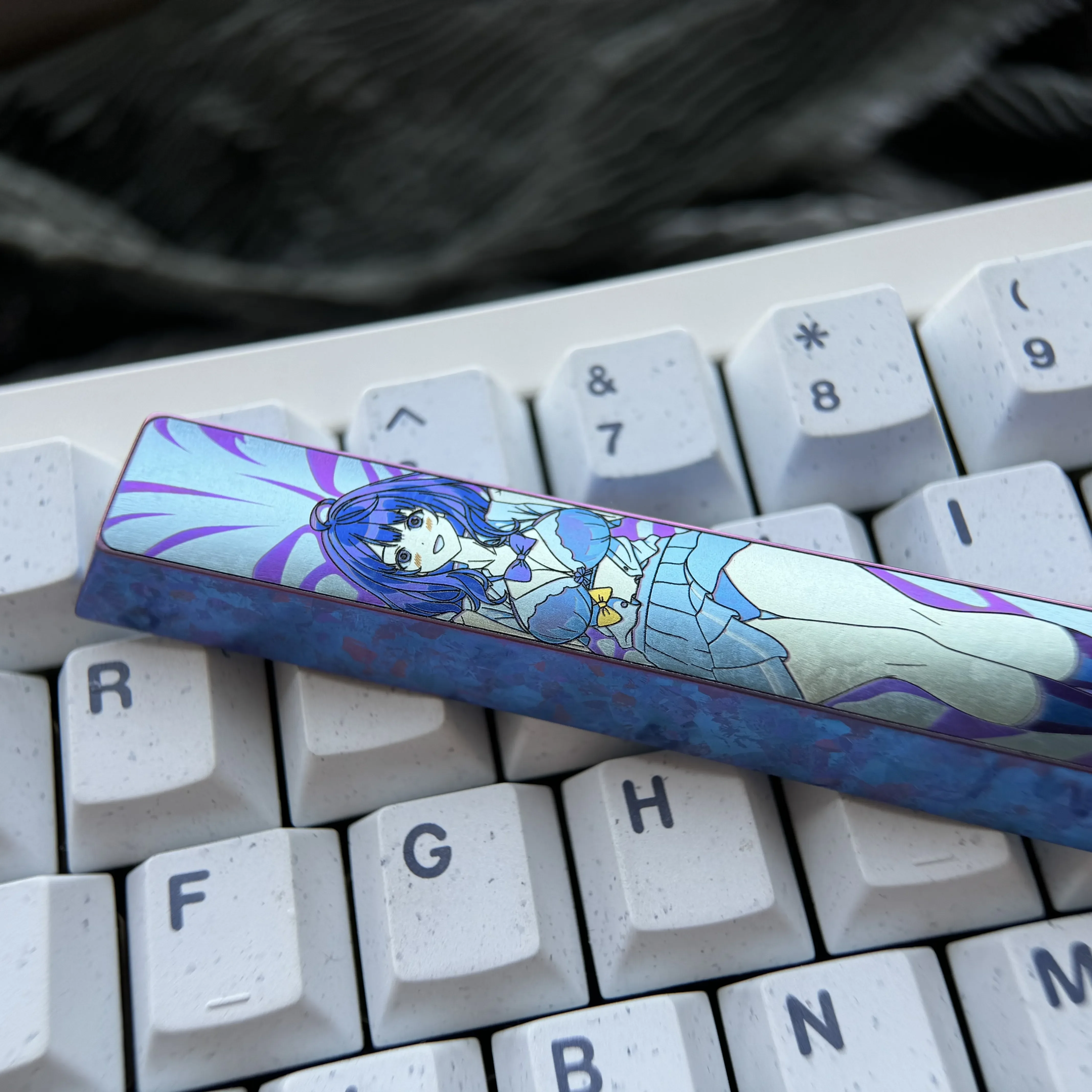 Multiple views of the Premium Titanium Anna Yanami Anime Space key Keycap 6.25U, highlighting its vibrant custom anime art and sleek polished design.