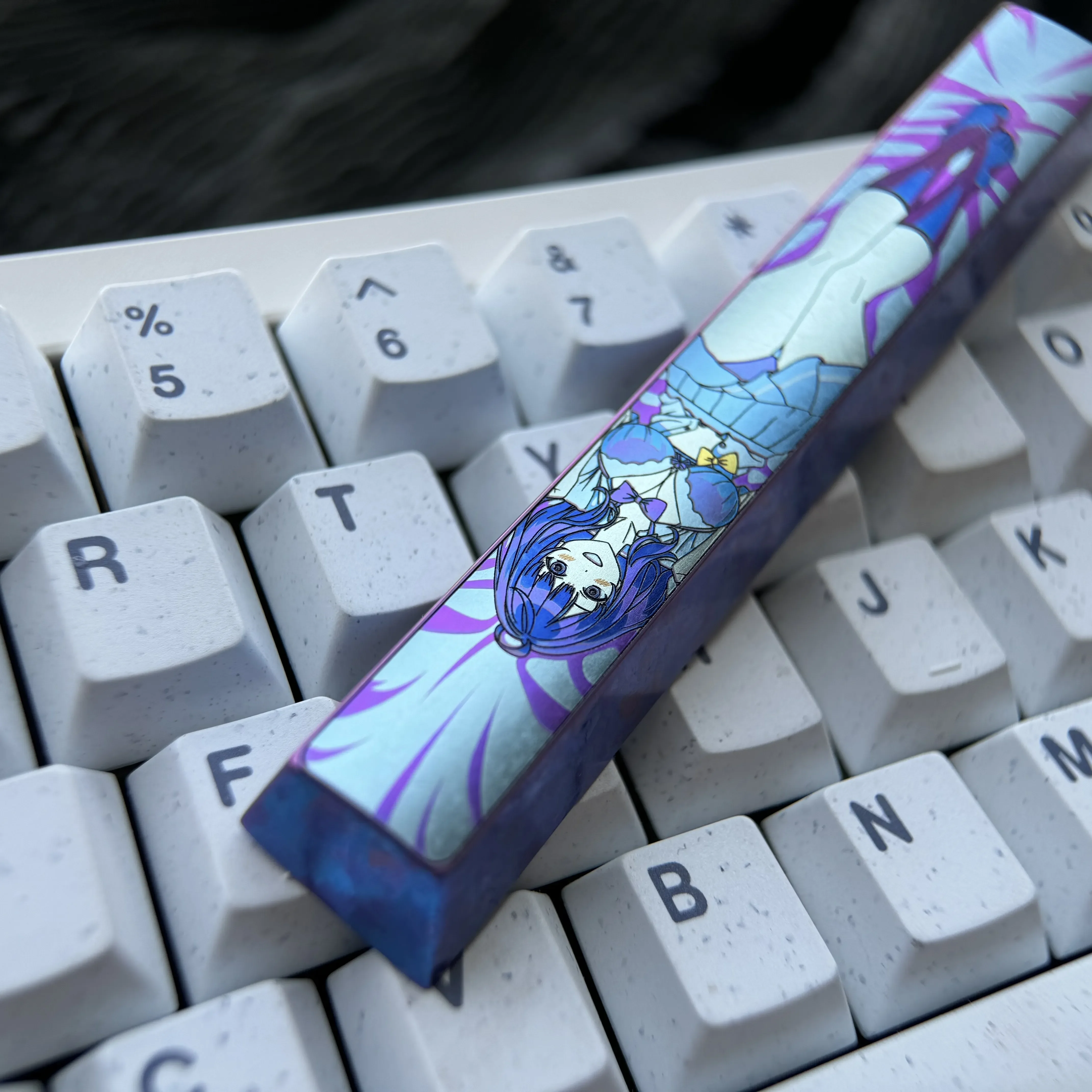 Detailed gallery view of the Premium Titanium Anna Yanami Anime Space Key Keycap, showcasing vibrant custom anime art on polished titanium.