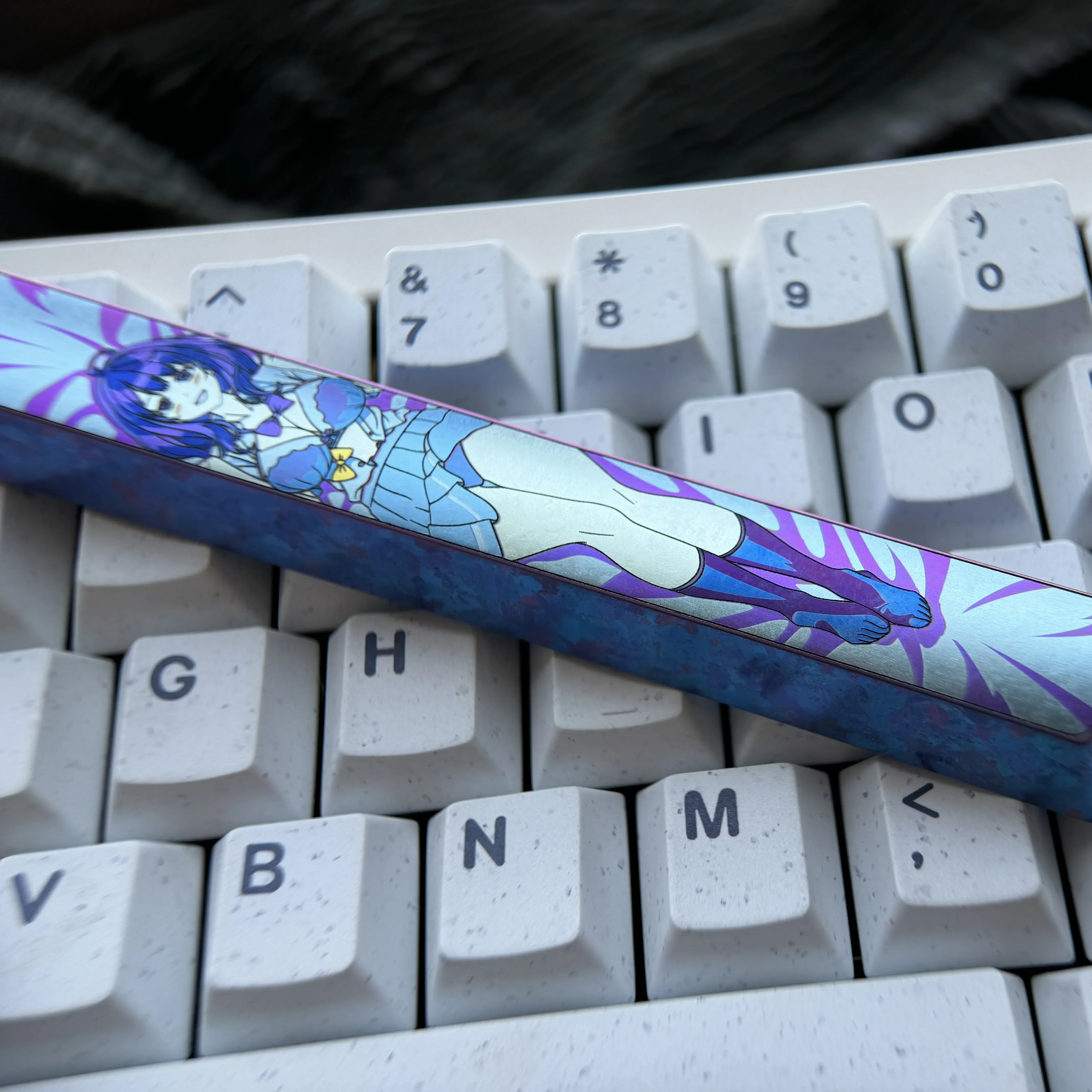 Premium Titanium Anna Yanami anime space key keycap 6.25U shown from multiple angles, highlighting vibrant character art and sleek, polished finish.