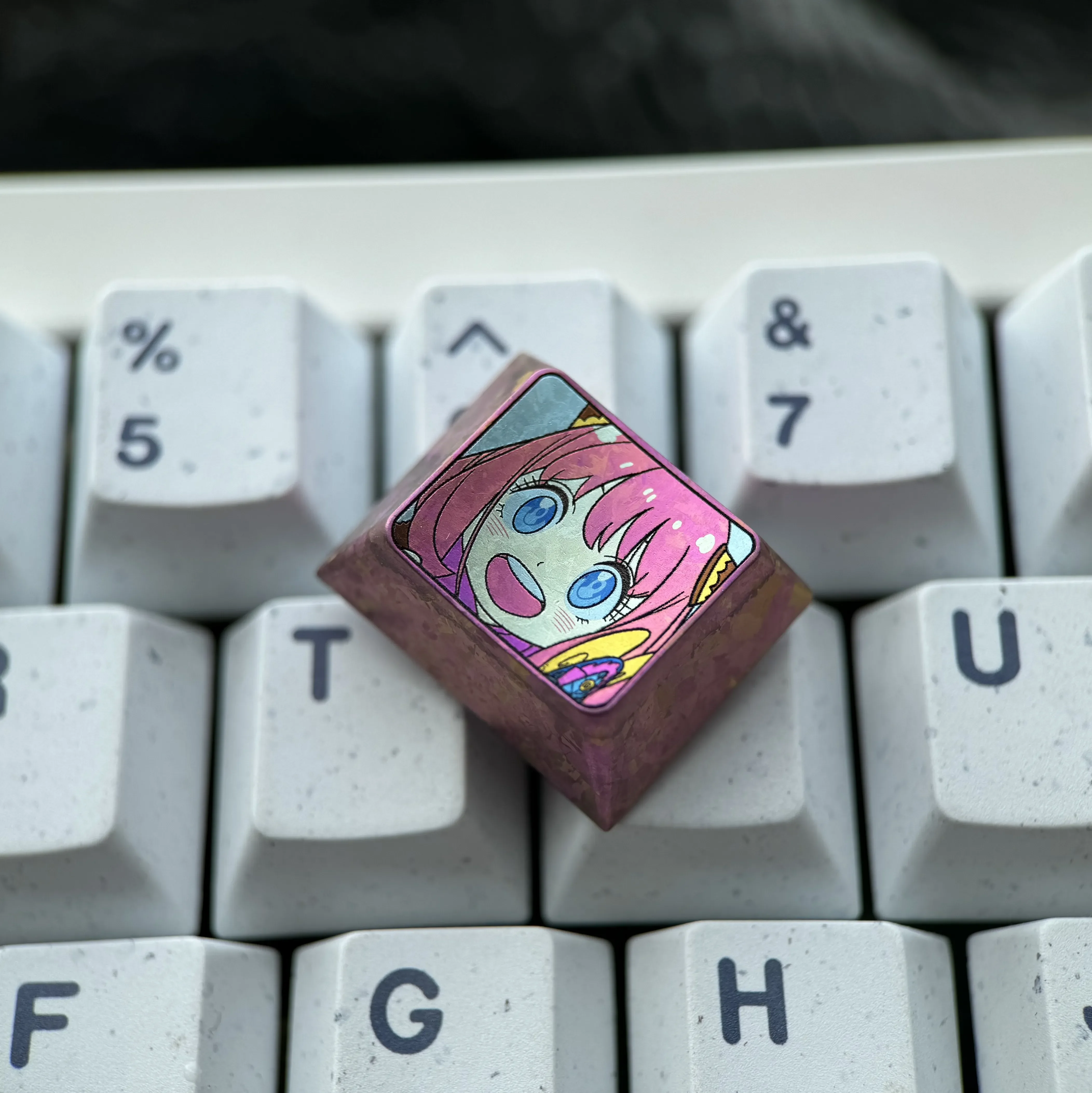 Multiple views of the iconic Anya Forger 1.25U Ctrl Win titanium alloy keycap, showcasing vibrant anime art and premium craftsmanship from various angles.