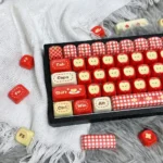 Artistic Apple Keycaps Set MOA profile, Rustic Town Set, featuring whimsical pastel apple orchard designs. Heartwarming pastoral theme, shown from a detail angles.