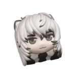 Charming handcrafted Arknights SilverAsh chibi keycap, showcasing its vibrant sculpted details and playful aesthetic from a unique perspective.
