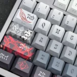 Arlecchino The Knave side-engraved double-shot keycap set gallery, revealing its mysterious dark aesthetic and subtle legends from multiple premium angles.