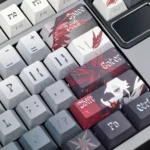 Premium Arlecchino The Knave double-shot keycap set, side-engraved legends visible from multiple angles, showcasing the mysterious dark aesthetic deisgn.