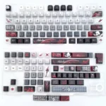 Multiple angles of the premium Arlecchino The Knave side-engraved double-shot keycap set, showcasing its mysterious dark aesthetic and subtle legends.