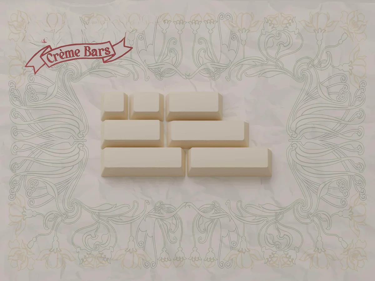 Exquisite Art Nouveau dye-sublimated custom keycaps set, displayed from multiple angles revealing soft palettes and intricate floral motifs.