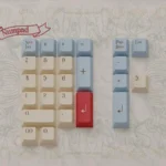 Art Nouveau dye-sublimated keycaps set showcasing intricate floral motifs and organic lines from various angles in soft, muted palettes.