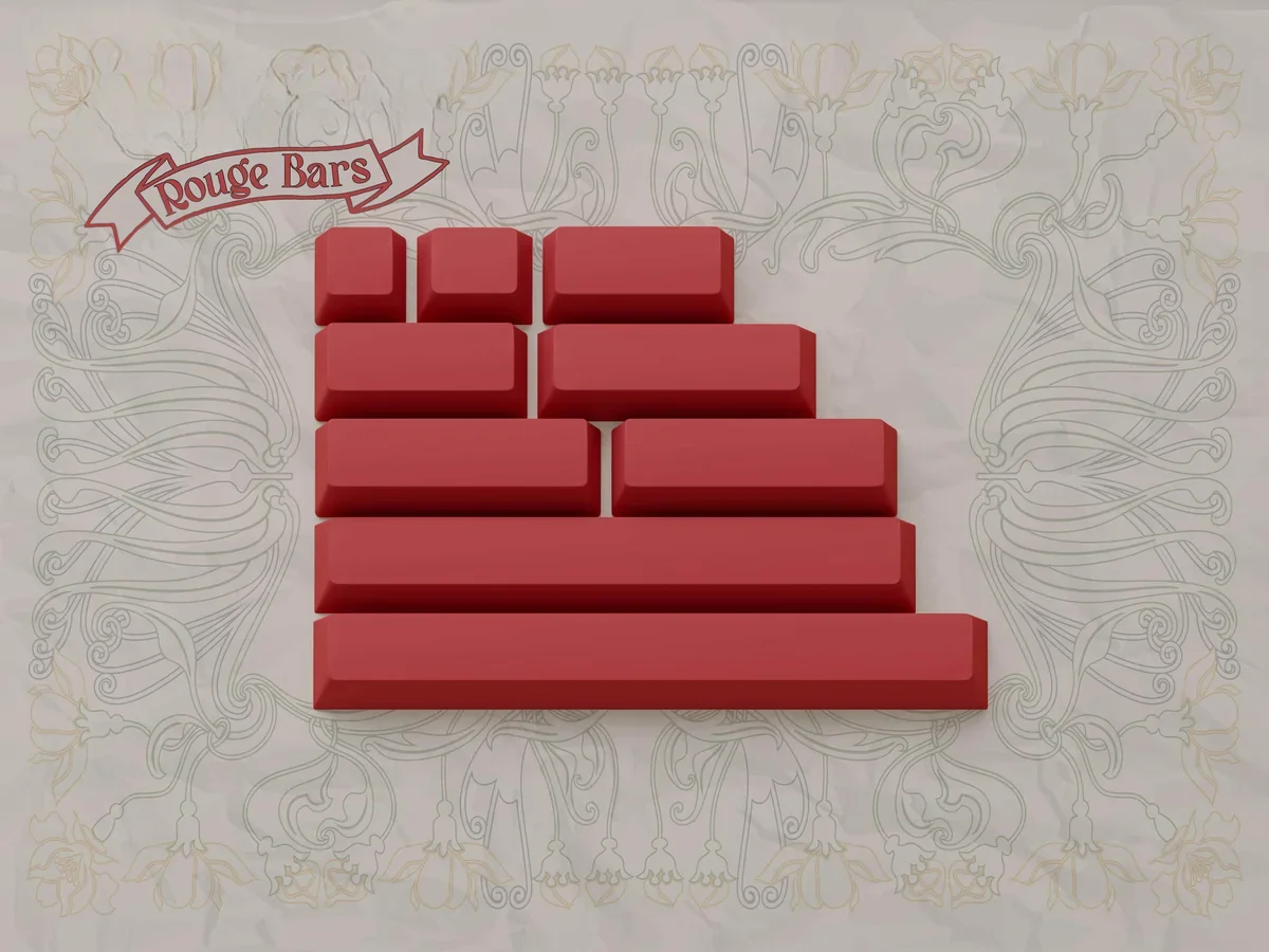 Art Nouveau keycaps set, showcasing exquisite intricate floral motifs and organic flowing lines with a soft, muted palette.