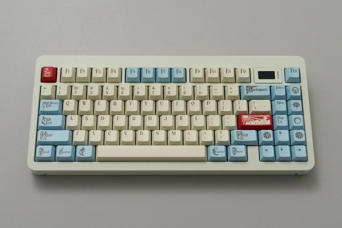 Exquisite Art Nouveau keycaps set showcasing intricate dye-sublimated floral motifs and organic lines in a soft, muted palette.