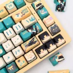 Exclusive Asaba Harumasa keycap set, showcasing subtle anime character motifs and a harmonious color palette across artistic close-up views.