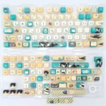 Exclusive Asaba Harumasa keycap set from various angles, revealing subtle anime-inspired character motifs and a harmonious artistic color palette.