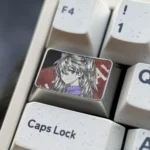 Gallery of the Iconic Asuka Keycap, highlighting bold anime character art, intricate precision engraving, and metallic sheen from various perspective angles.