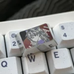 Iconic Asuka keycap gallery, showcasing precision engraved bold anime art, metallic luster, and intricate details from multiple angles.