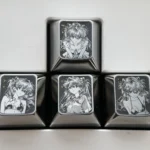 Asuka keycaps, a precision-engraved titanium alloy masterpiece. Main image reveals vibrant anime art with a premium metallic finish for fans.